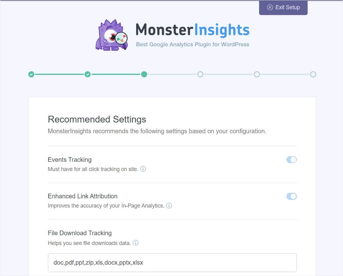 monsterinsights merekomendasikan pengaturan