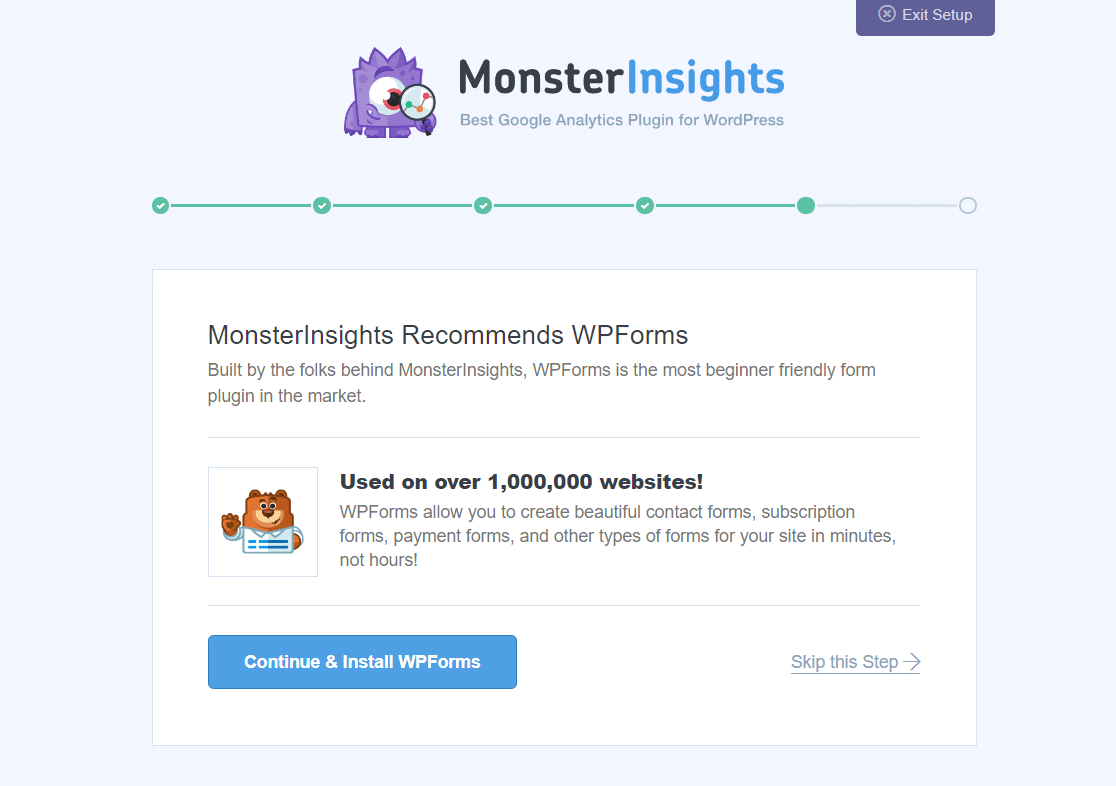 ติดตั้ง wpforms จากวิซาร์ดการตั้งค่า monsterinsights