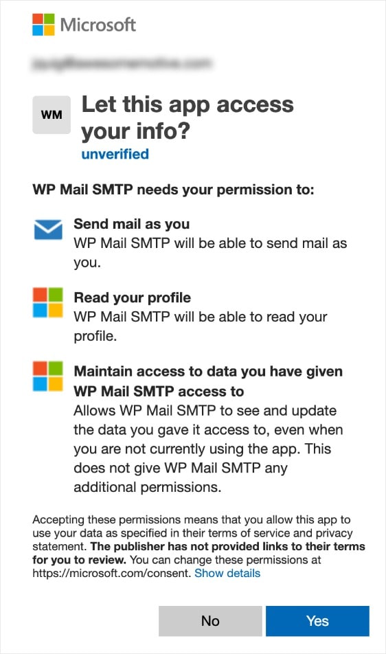 разрешить экран разрешений на microsoft outlook smtp