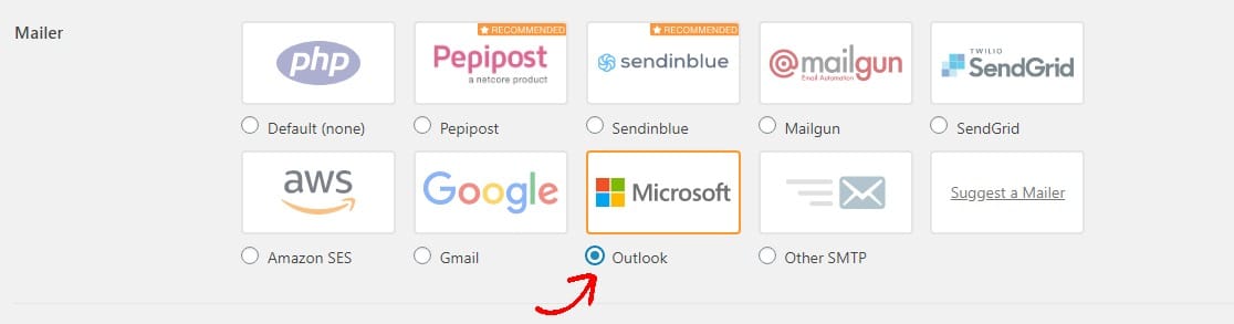 seleccione el mailer de Outlook en el mailer de Outlook de Wordpress