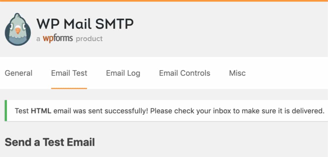 Observație care arată e-mailul de test WP Mail SMTP trimis cu succes