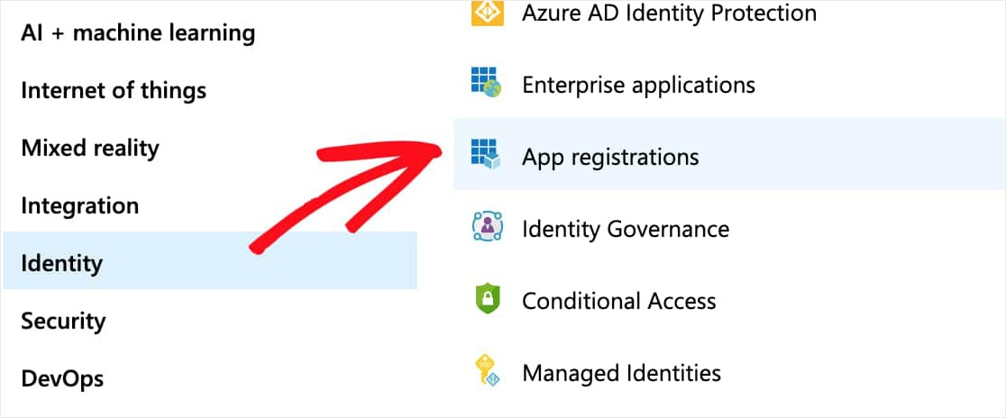 fare clic su identità quindi registrazioni app per wordpress Outlook mailer