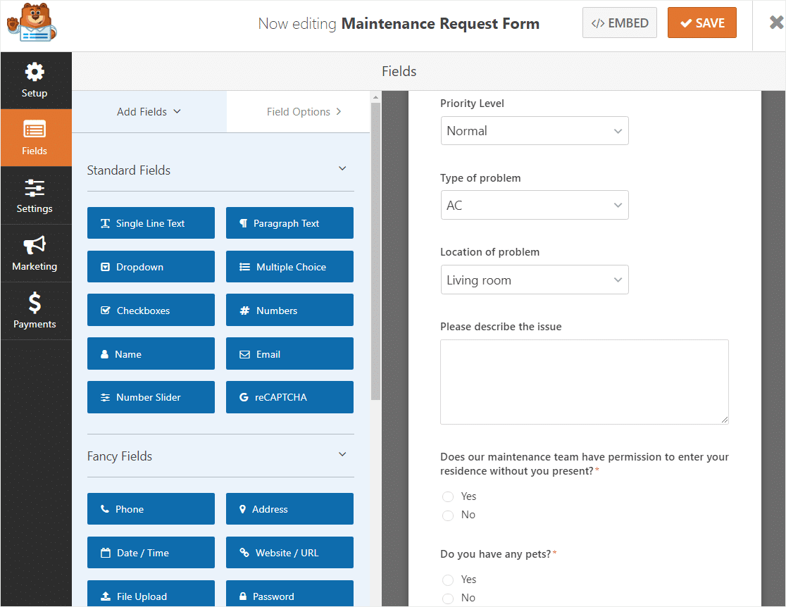 modelo de formulário de solicitação de manutenção