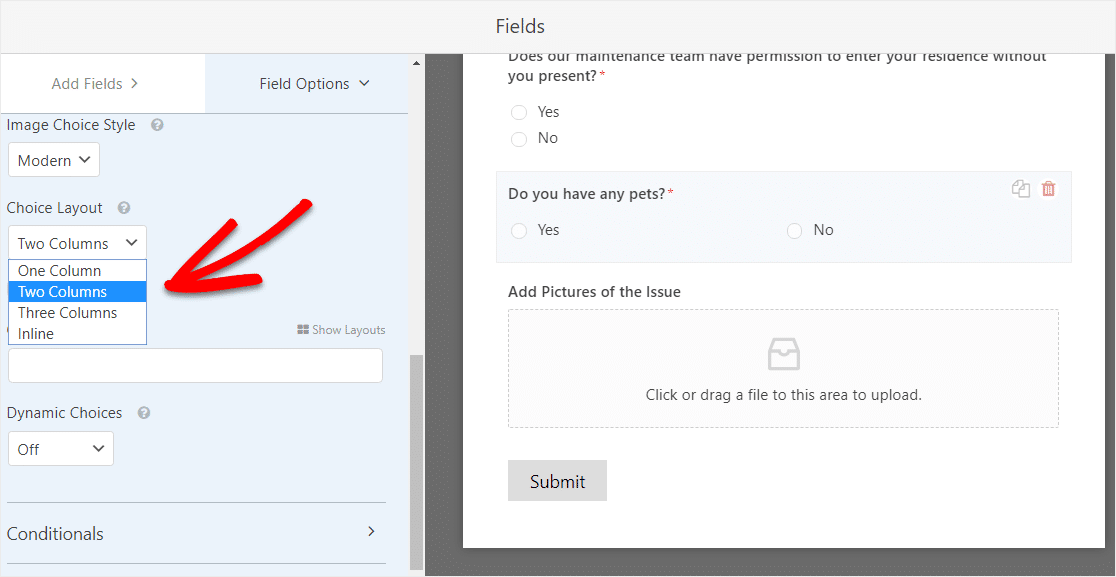 So erstellen Sie ein zweispaltiges Layout mit einem Multiple-Choice-Feld