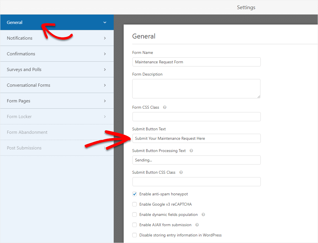 configurações de modelo de formulário de solicitação de manutenção