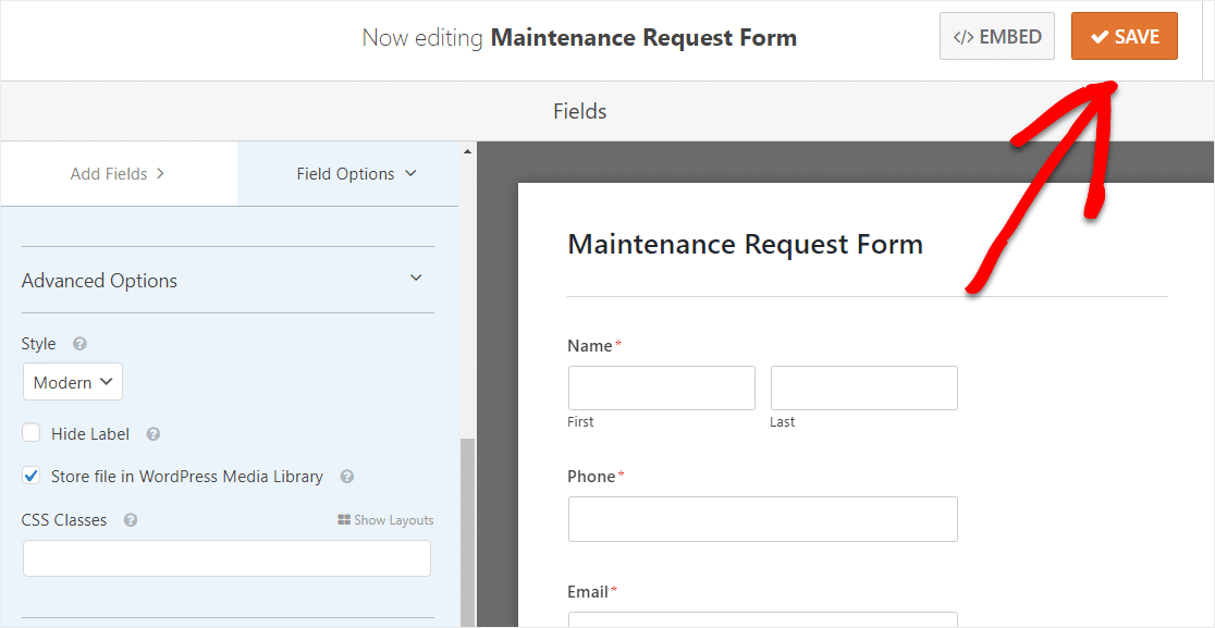 simpan formulir permintaan pemeliharaan