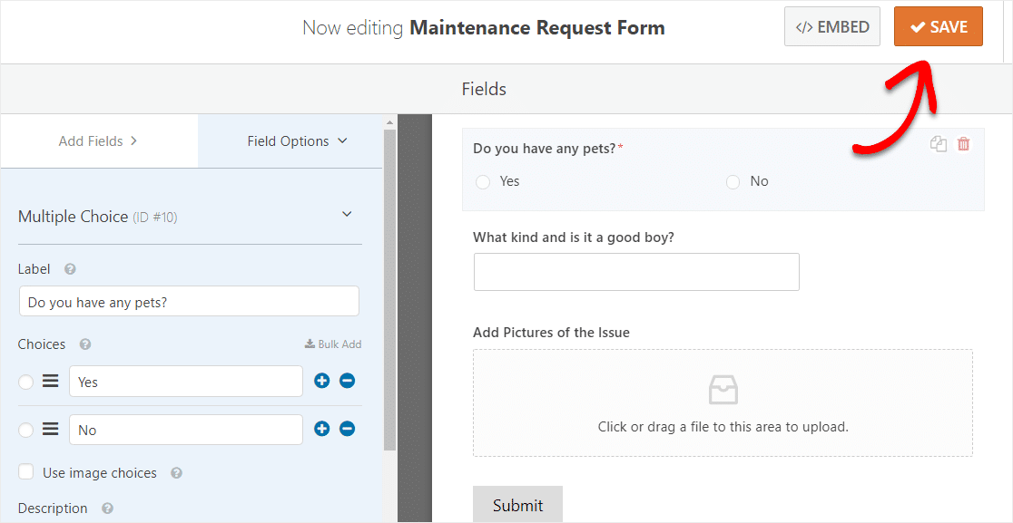 enregistrer le formulaire de demande de maintenance