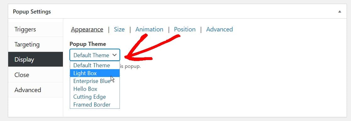 menú desplegable de tema de formulario emergente de wordpress