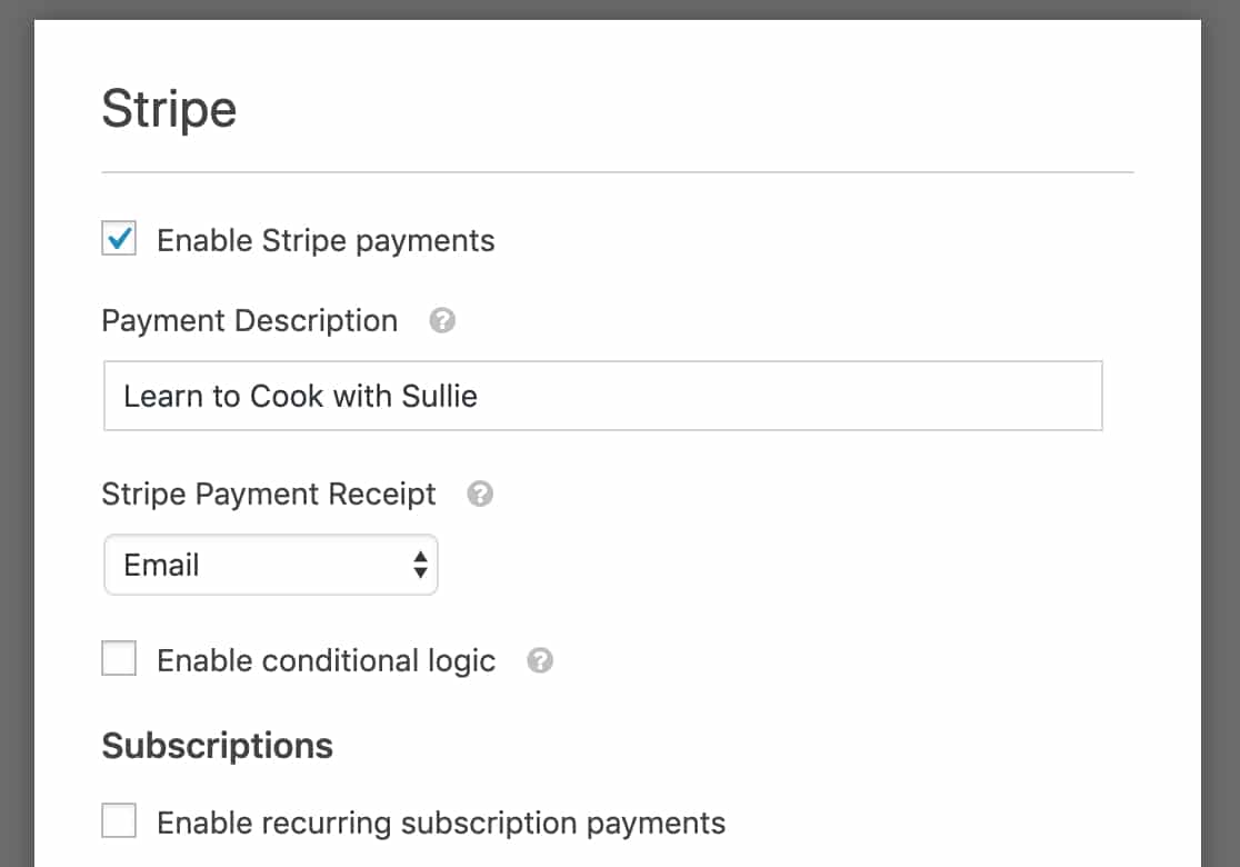 Configurações do complemento Stripe no construtor de formulários WPForms