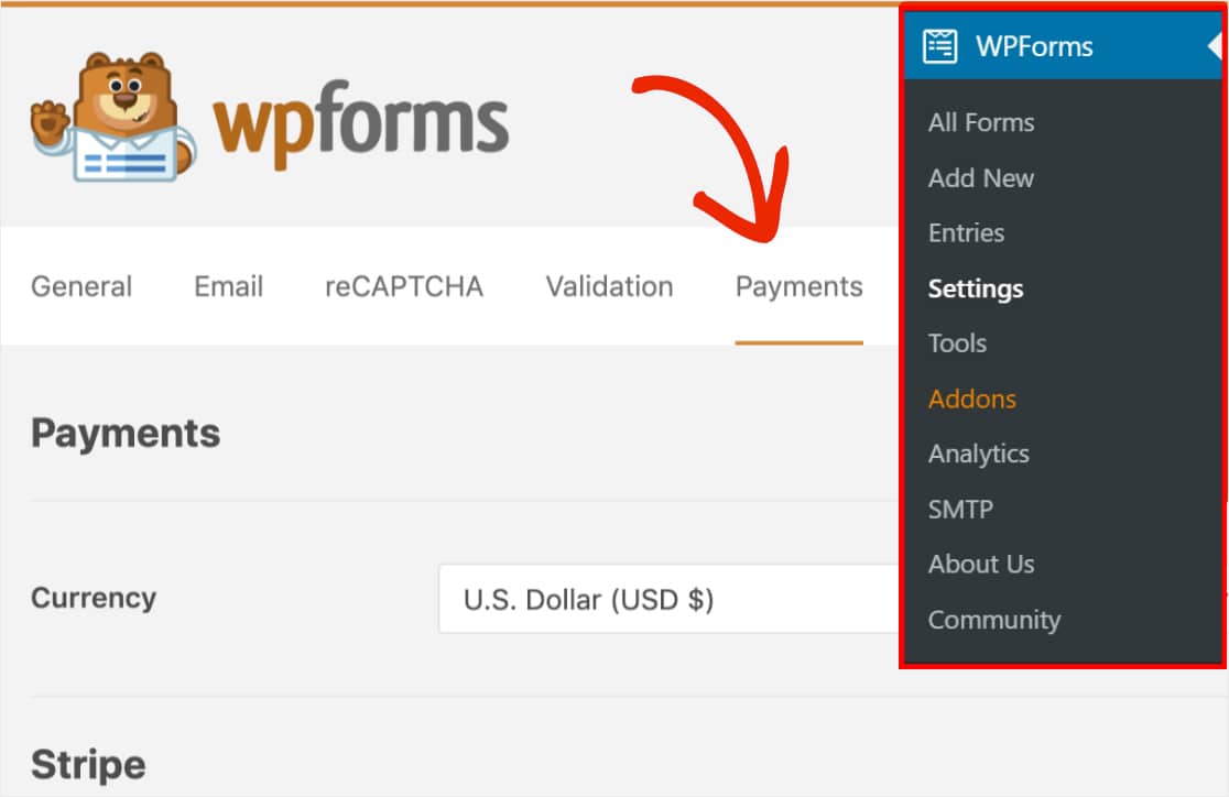 abra a guia de pagamentos nas configurações do wpforms