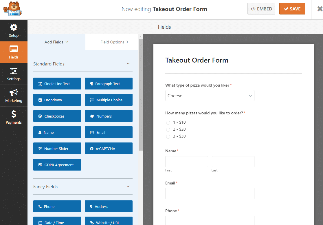 modèle en ligne de formulaire de commande à emporter