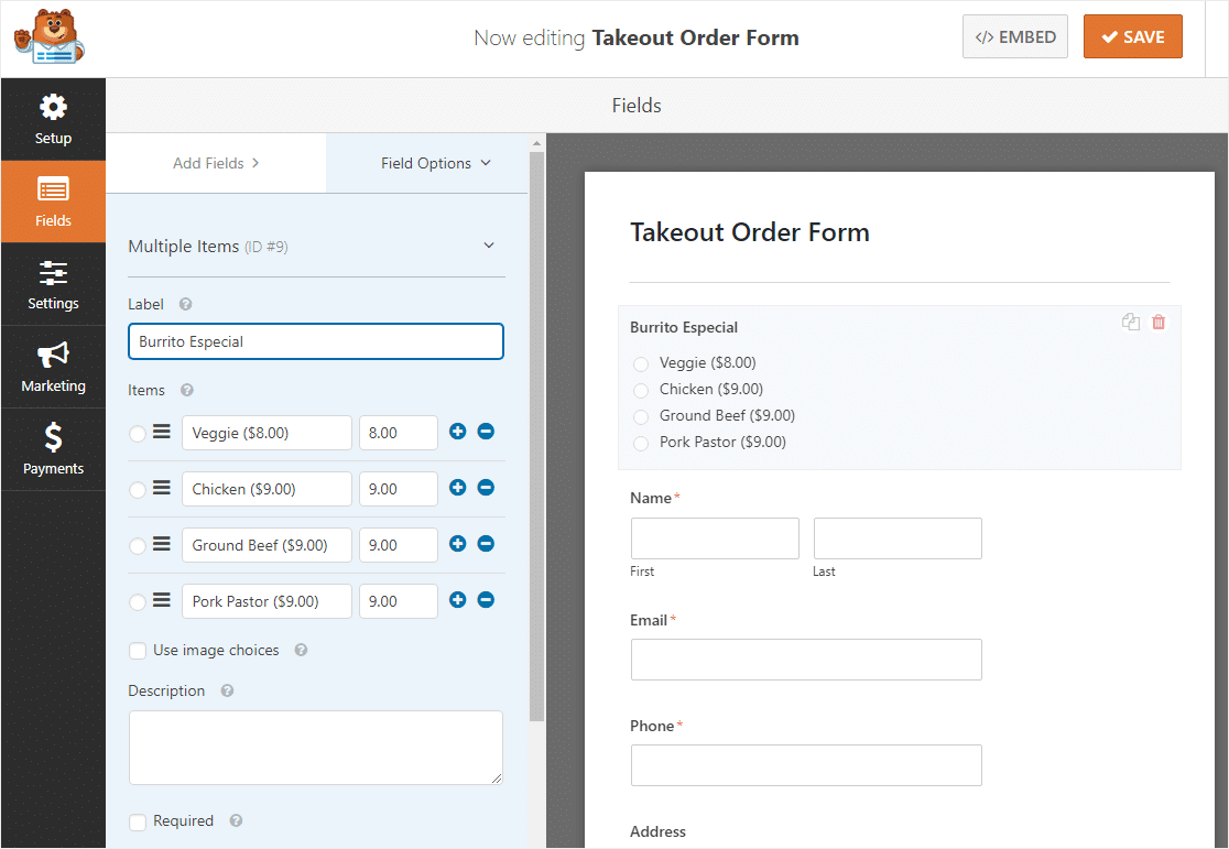 personnalisations des formulaires de commande à emporter