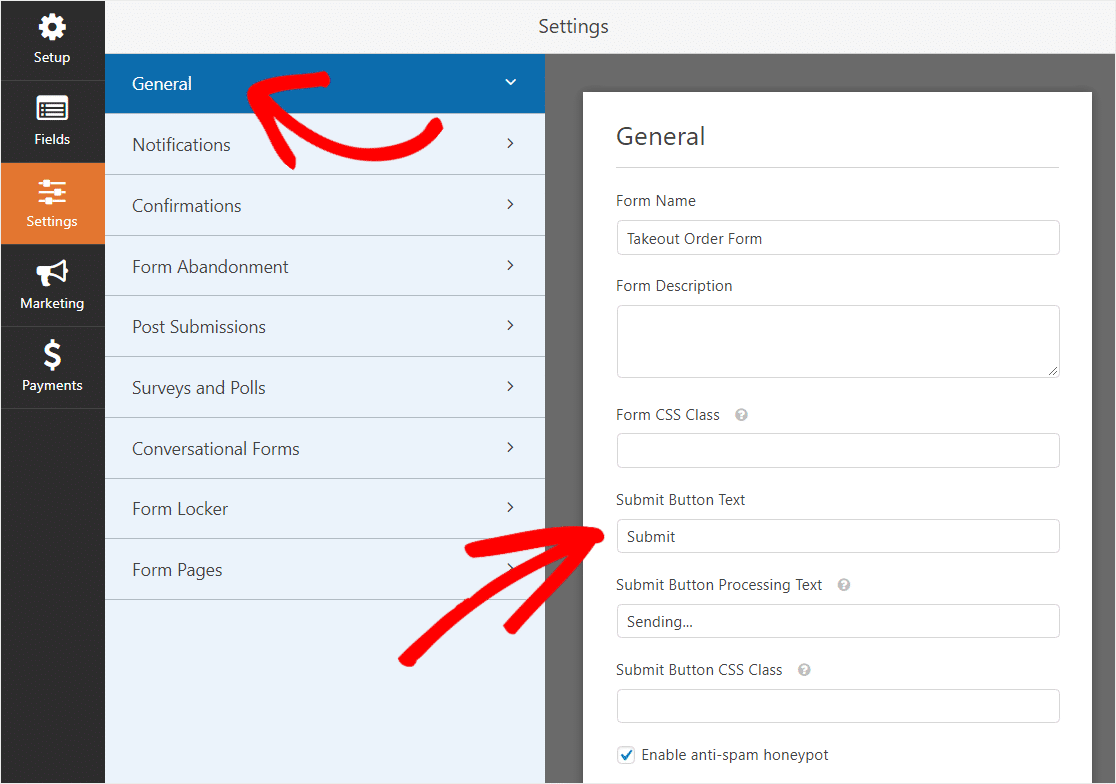 configuración del formulario del sistema de pedidos de restaurantes en línea