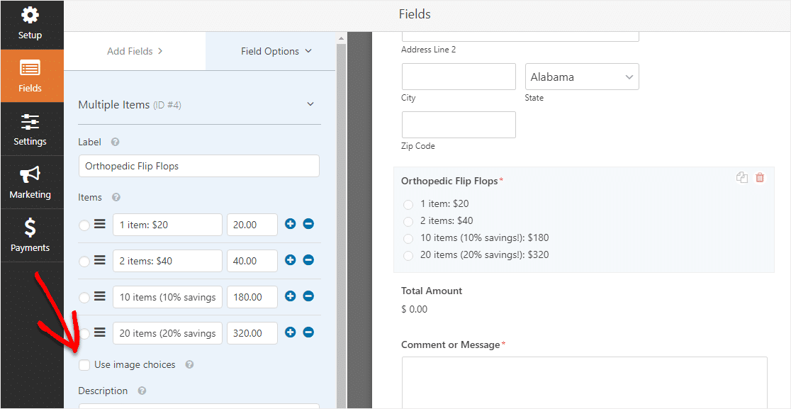 sélectionnez l'option de choix d'images sur le formulaire de commande en gros pour woocommerce