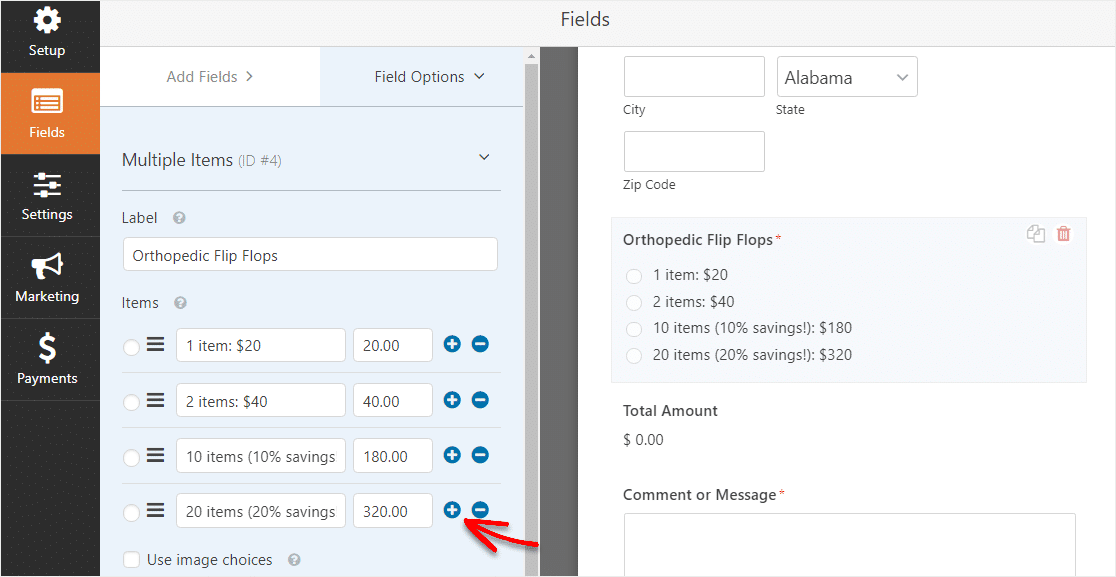 adicionar itens ao formulário de pedido de atacado