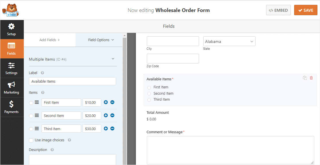 configuración de campo de varios elementos