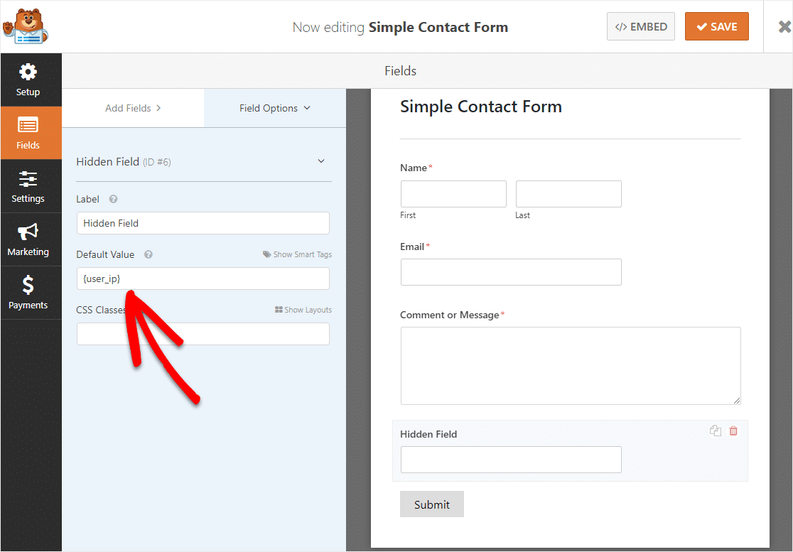 المستخدم IP في حقل خفي wpforms