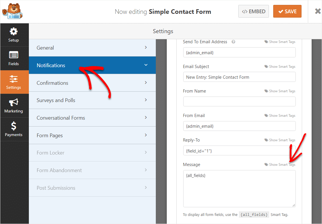 elija el campo de mensaje en la configuración de notificación para el campo oculto de wpforms