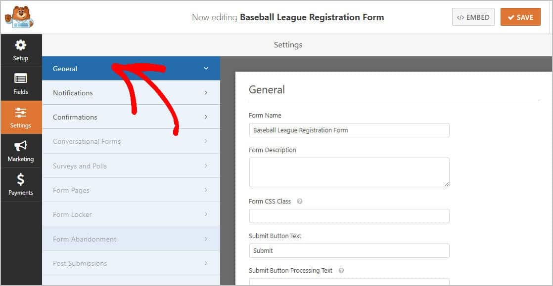 configuración de registro de deportes juveniles en línea