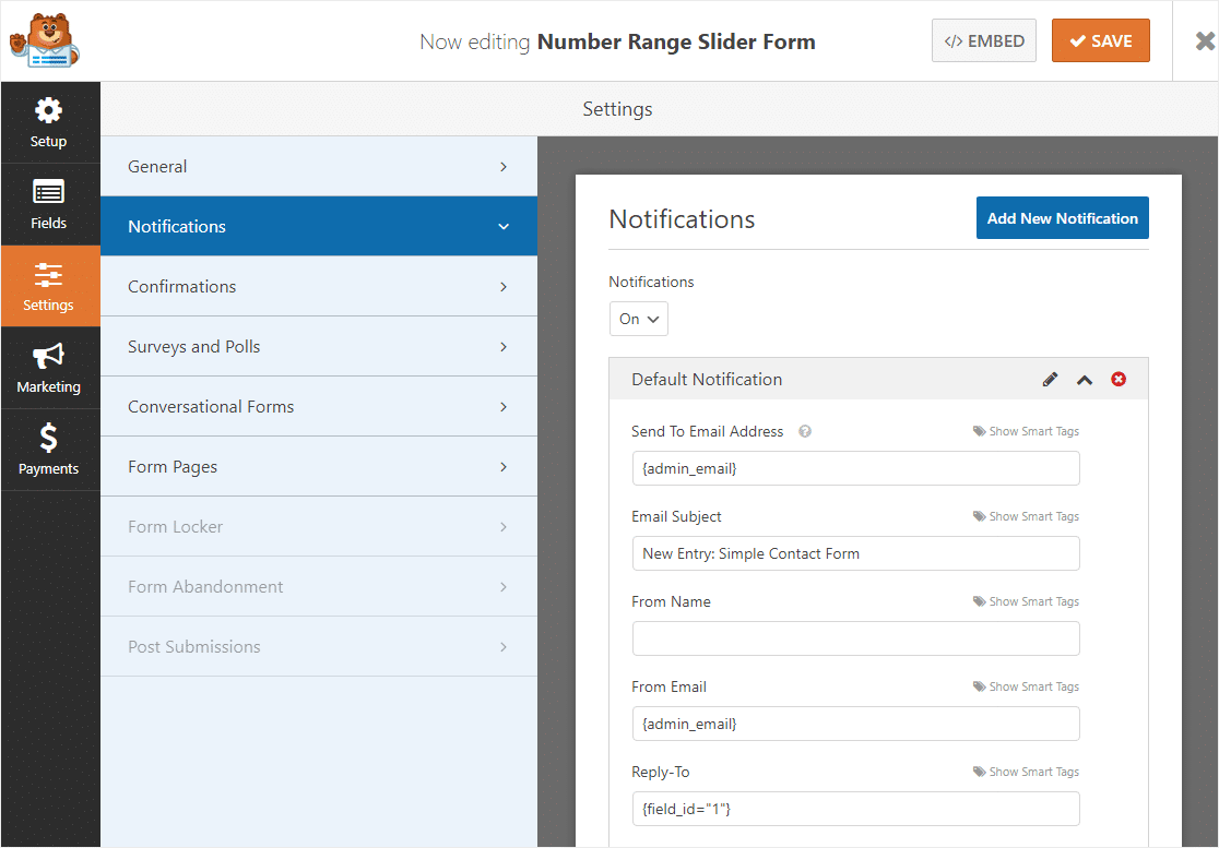 notificări din formularul glisorului de intervale numerice