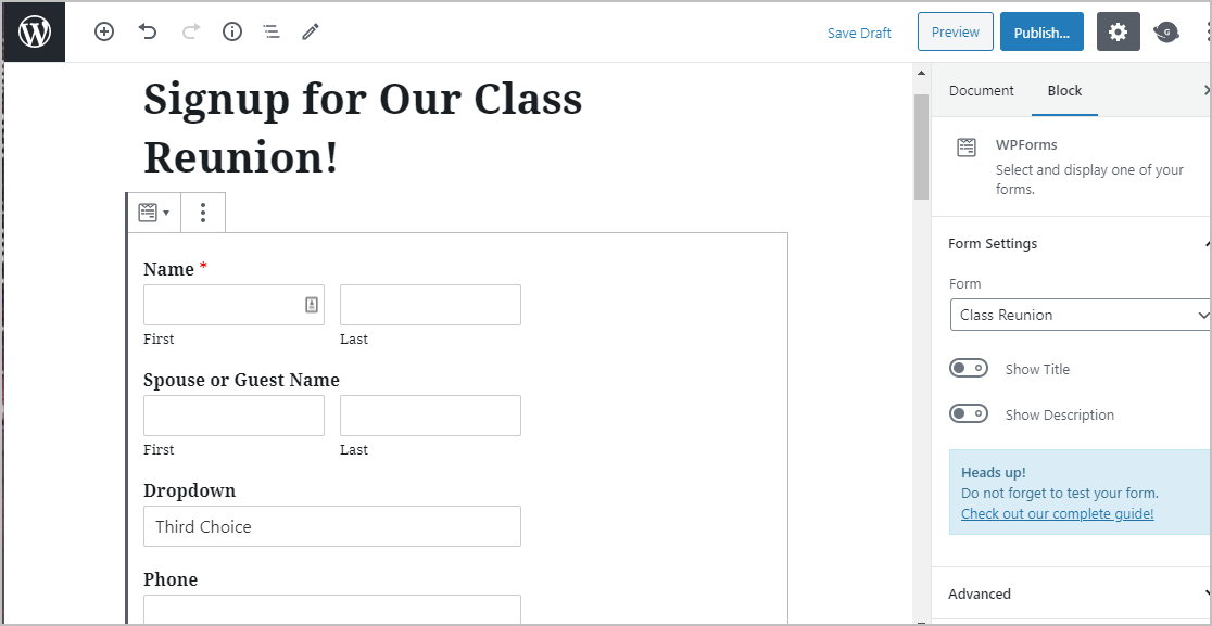 Aperçu du formulaire de réunion de classe