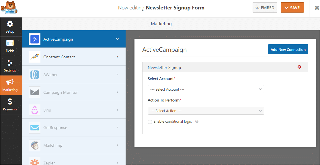 Activecampaign-Formulareinstellungen in WordPress