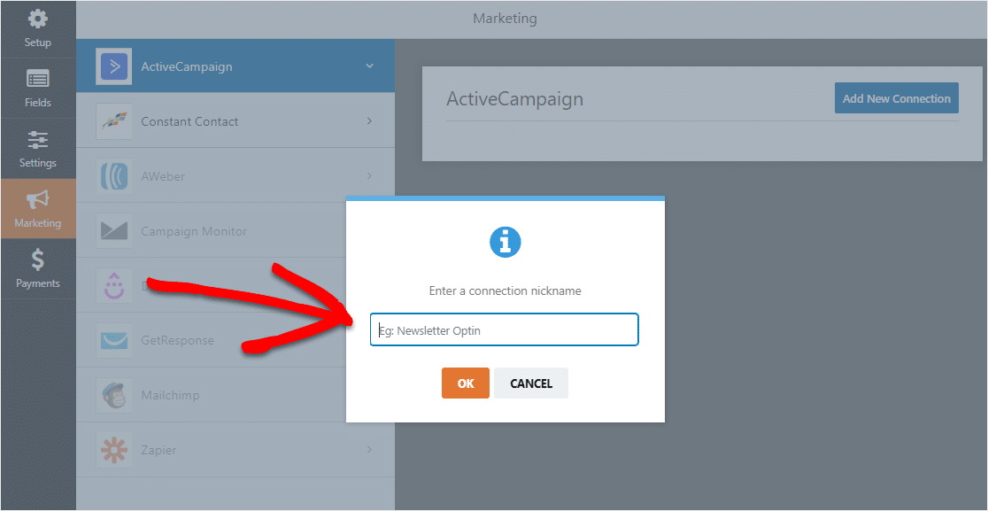 nommer la connexion du formulaire activecampaign dans wordpress