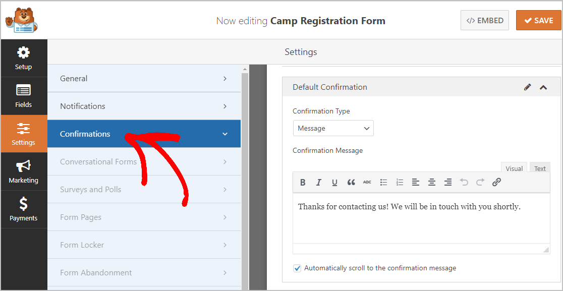 Conferme di registrazione al campo