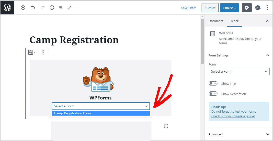 Выберите Camp Registration WPForms