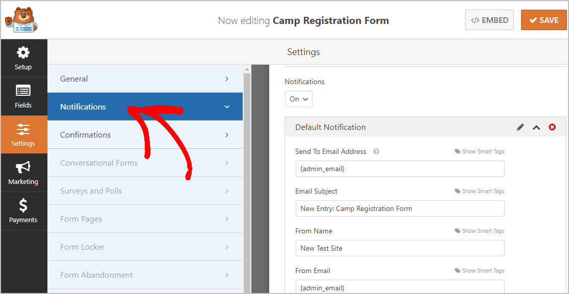 Notifiche di registrazione al campo