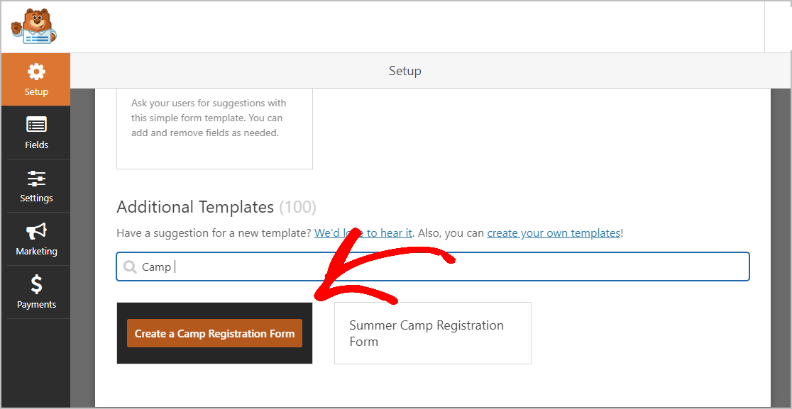 Sélection du formulaire d'inscription au camp