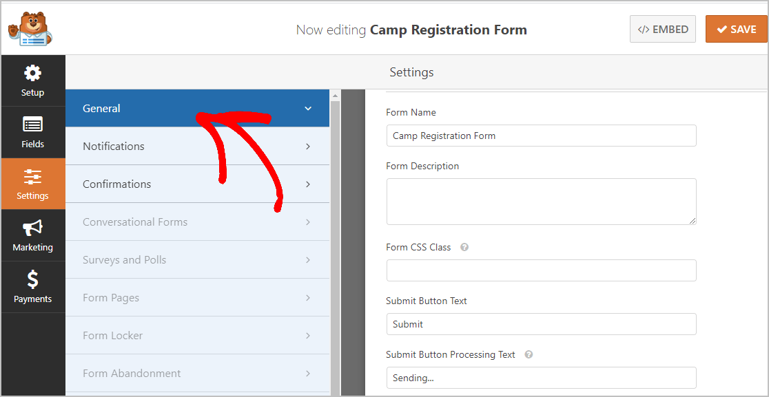 Formulario de inscripción al campamento General