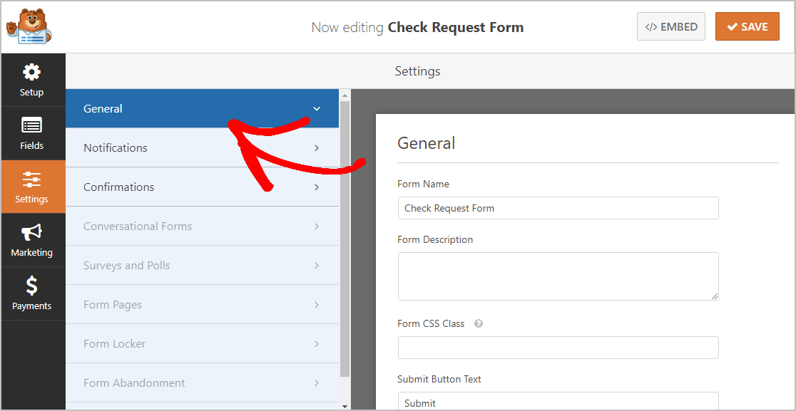 Formulario de solicitud de cheque general