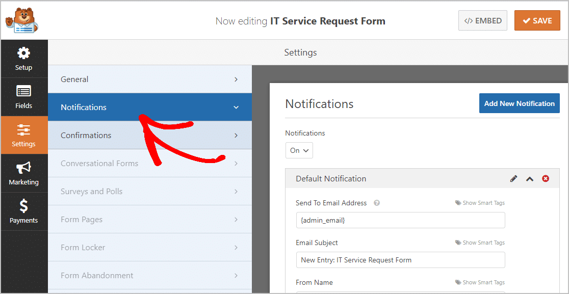 Formulário de solicitação de serviço de TI de notificações