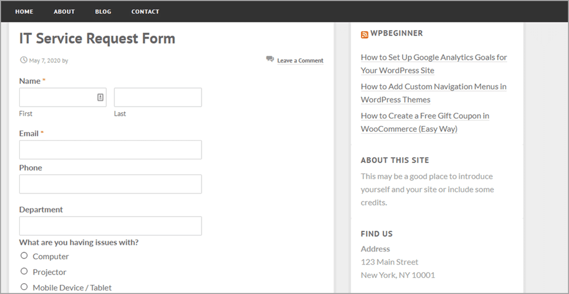 Formulaire de demande informatique en ligne sur la page