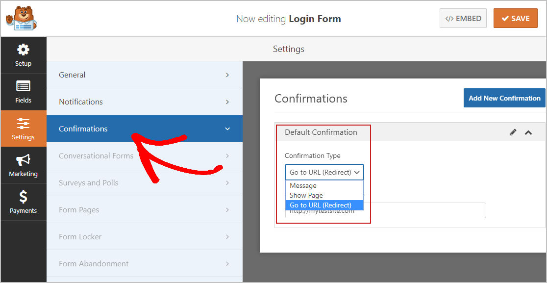 Formulário de login de confirmação