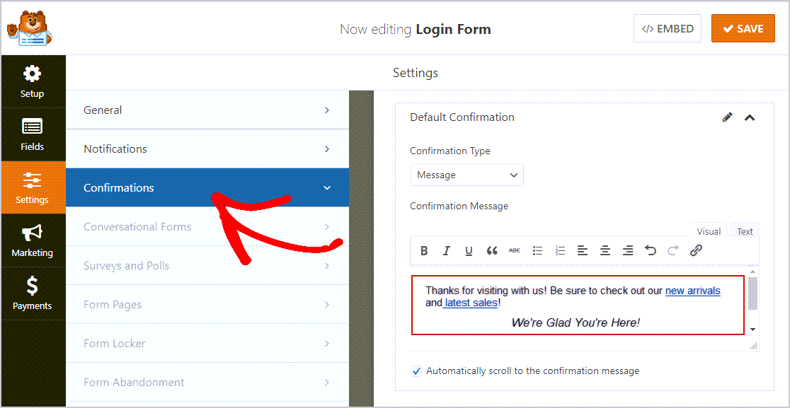 Pengaturan Formulir Login Konfirmasi dengan teks