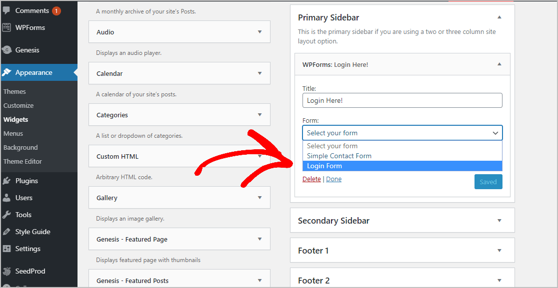 Formulário de login da barra lateral incorporada