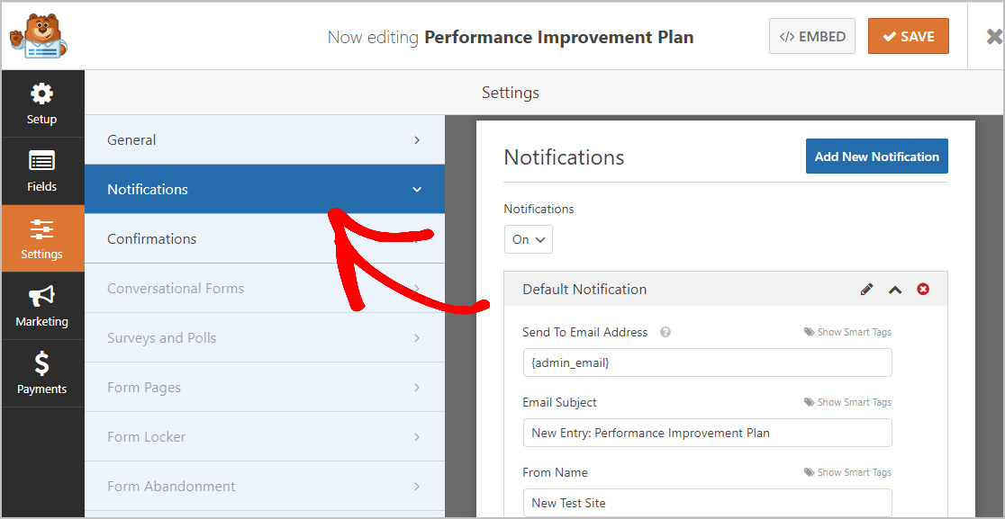 Formulaire de plan d'amélioration des performances des notifications