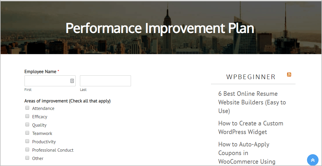 Aperçu du formulaire d'amélioration des performances