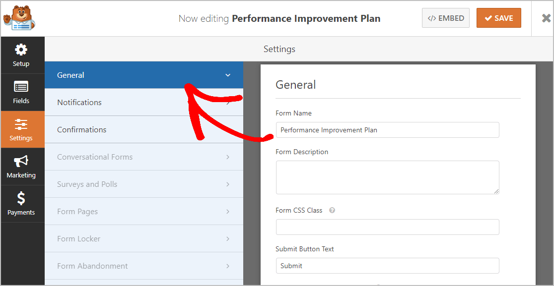 Formulario de mejora del desempeño personal de configuración general