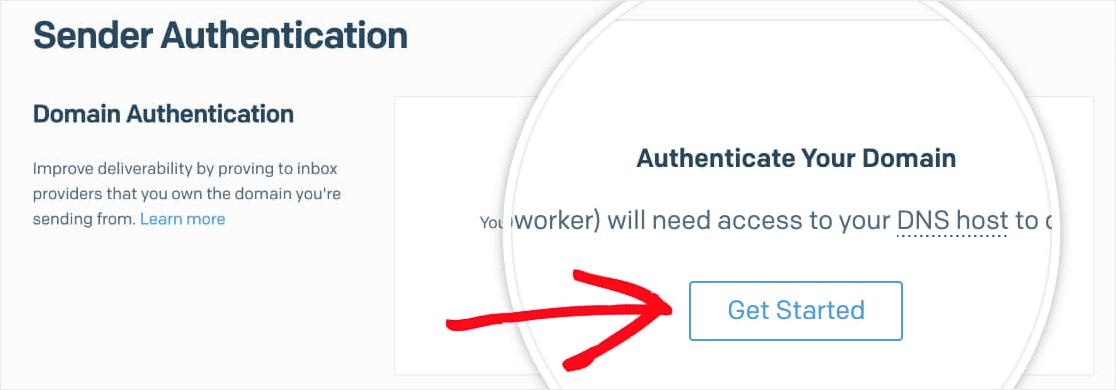 нажмите начать аутентификацию домена sendgrid