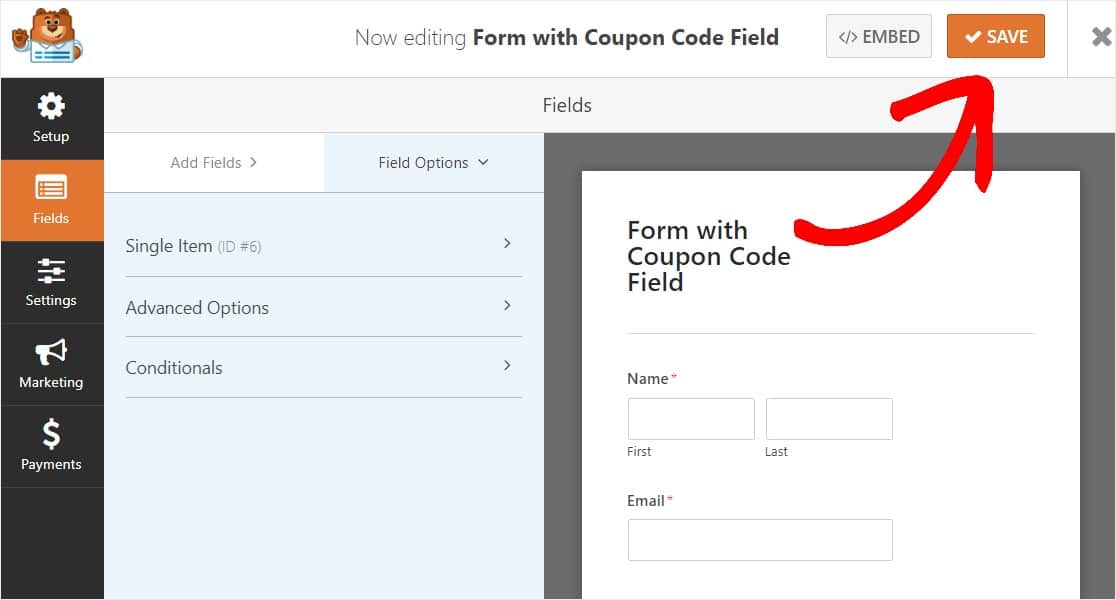 enregistrer le formulaire avec le champ de code de coupon