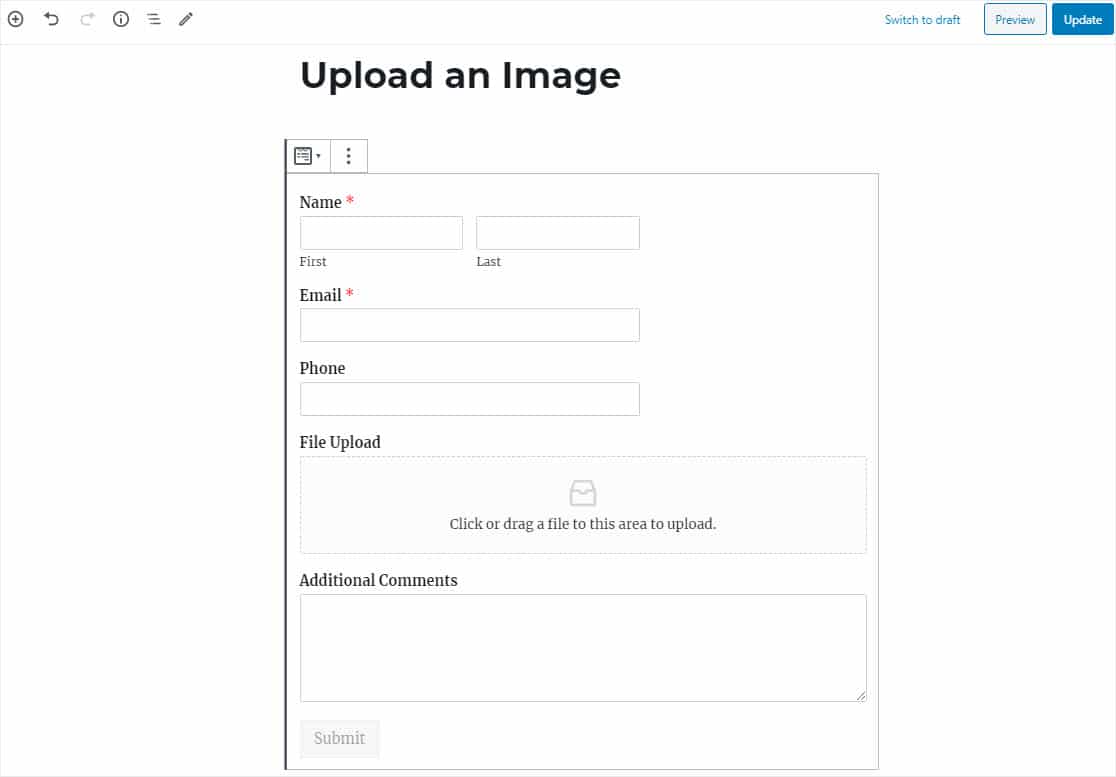 formulário de upload de imagem no editor wordpress