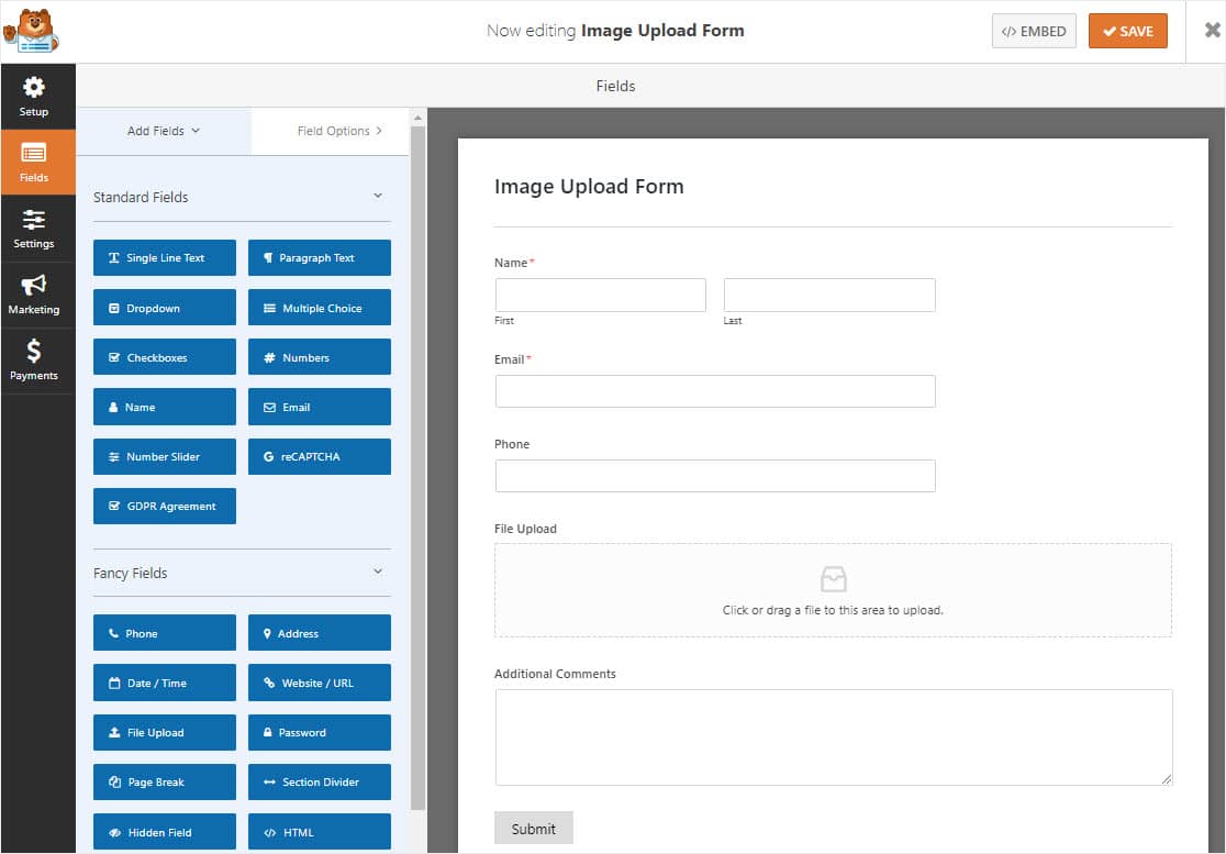 modulo con immagine di caricamento di wordpress