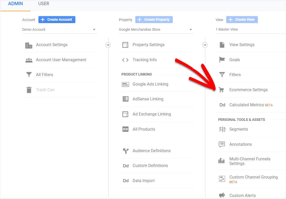 haga clic en la configuración de comercio electrónico en Google Analytics