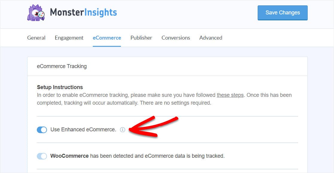 abilitare l'e-commerce avanzato in monsterinsights per utilizzare woocommerce google analytics