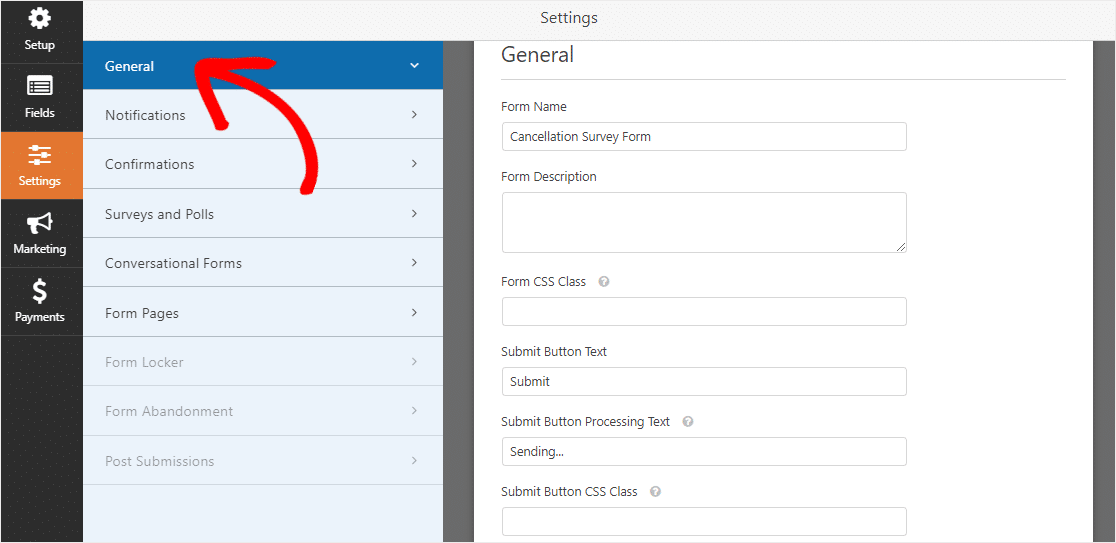 encontre as configurações gerais do wpforms no formulário de cancelamento da pesquisa