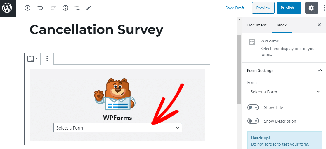 在 wpforms 小部件中選擇調查取消表單