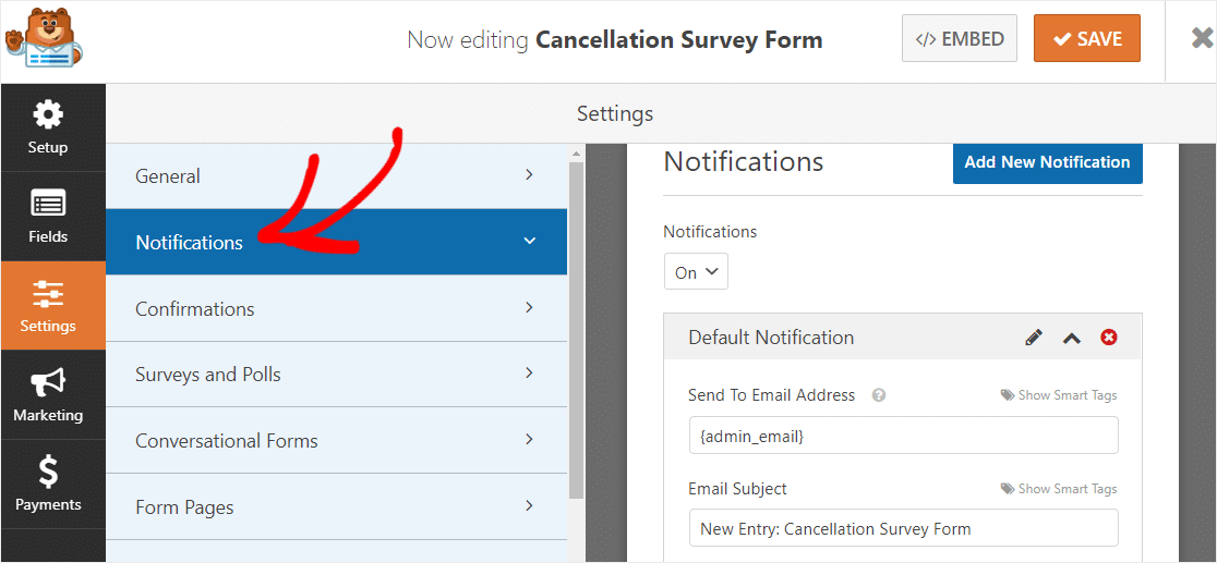 notifiche modulo sondaggio cancellazione